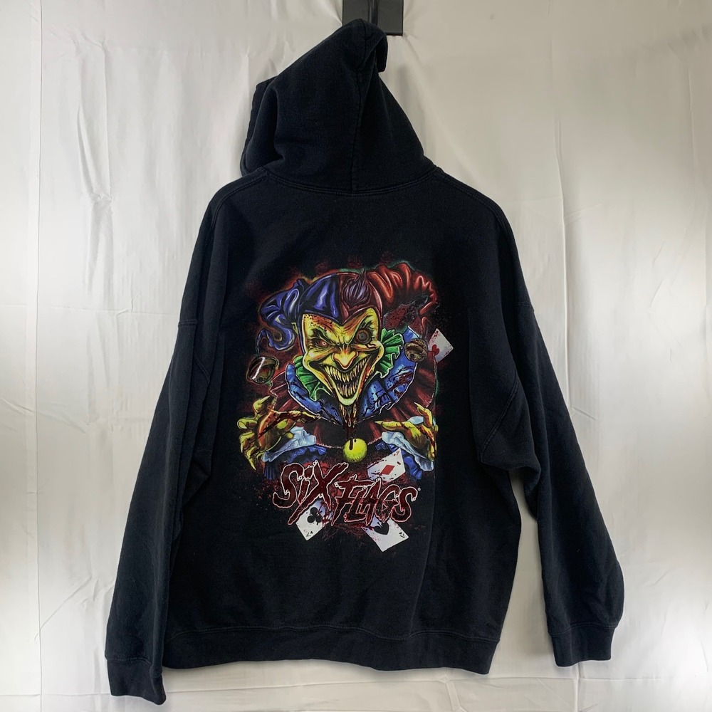 Six Flags Hoodie Mens 2XL Black Fright Fest Evil Jester Graphic Pullover